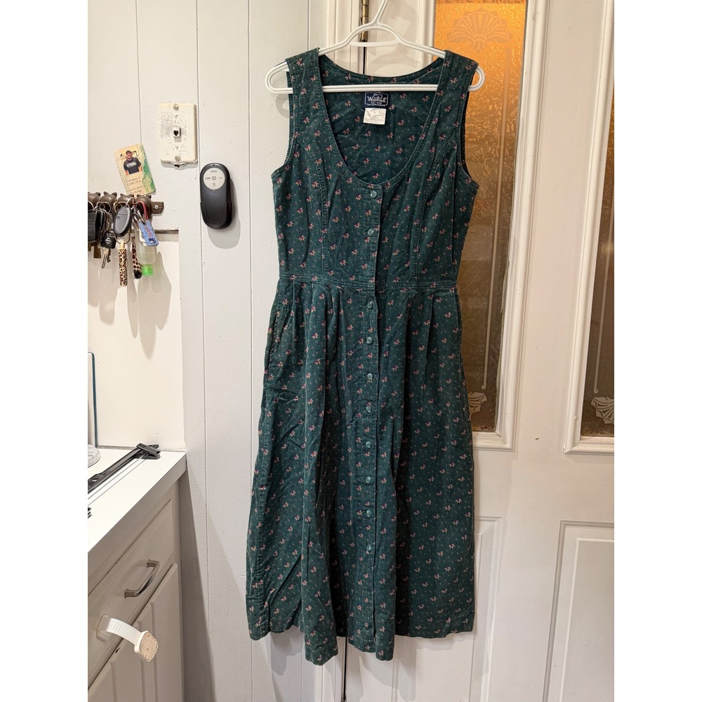 Woolrich Woman Vintage Pine Green Floral Corduroy Button Front Midi Dress 8